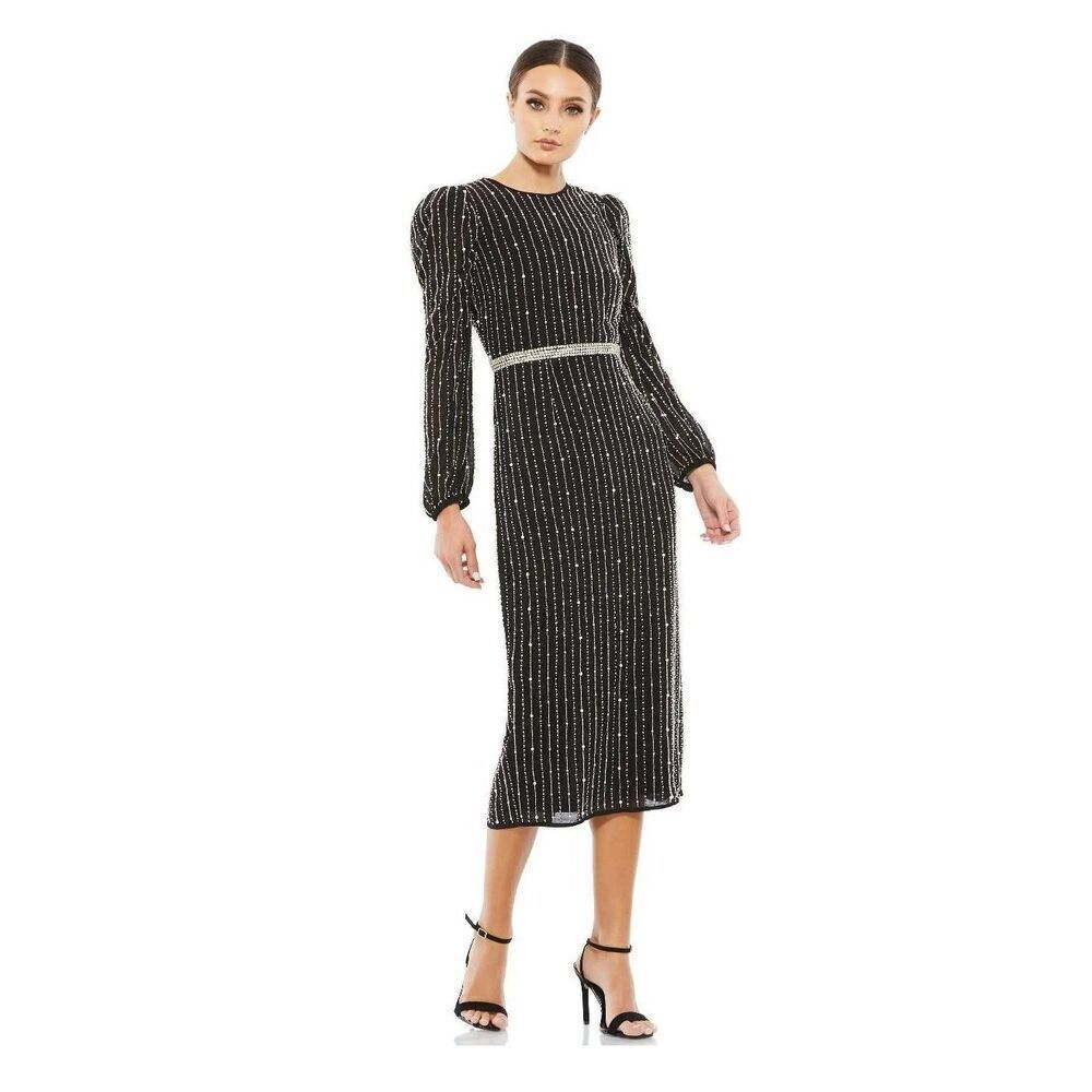 Mac Duggal Long Puff Sleeve Sequin Embellished Column Midi Dress Size 6 NWT